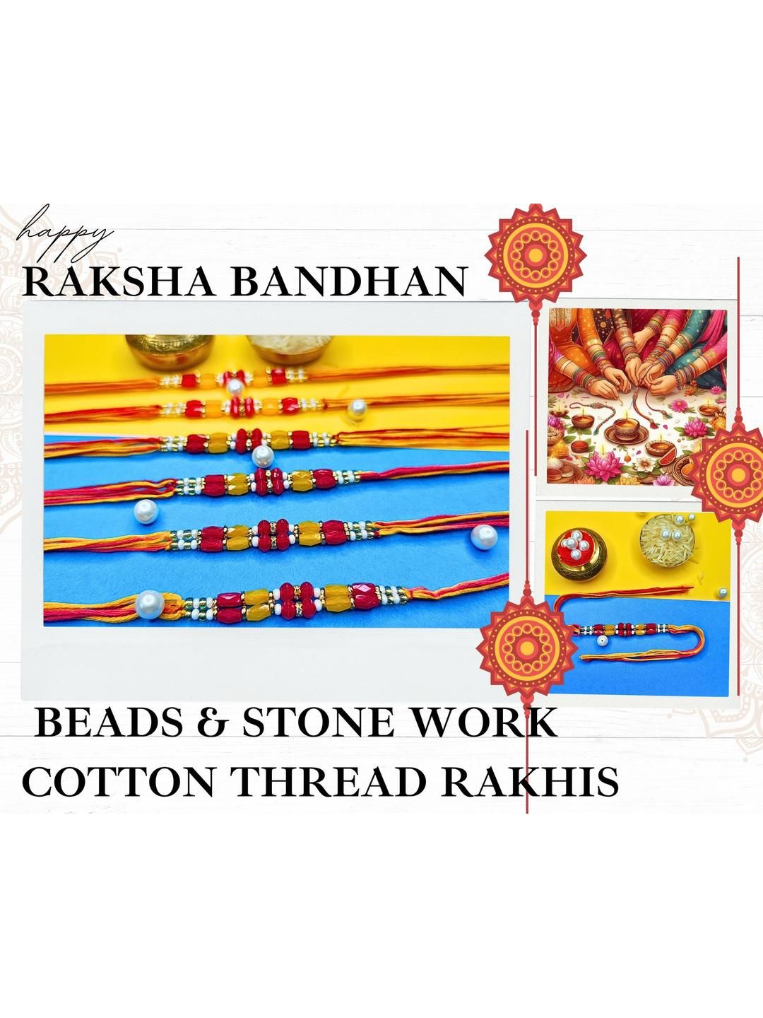 Dhiyona Set Of 6 Beaded Cotton Thread with AD Stones & Meenakari Designer Rakhi for Brother