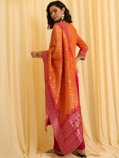 Dhiyona CH Floral Embroidered V-Neck Straight Sequinned Kurta With Trousers & Dupatta