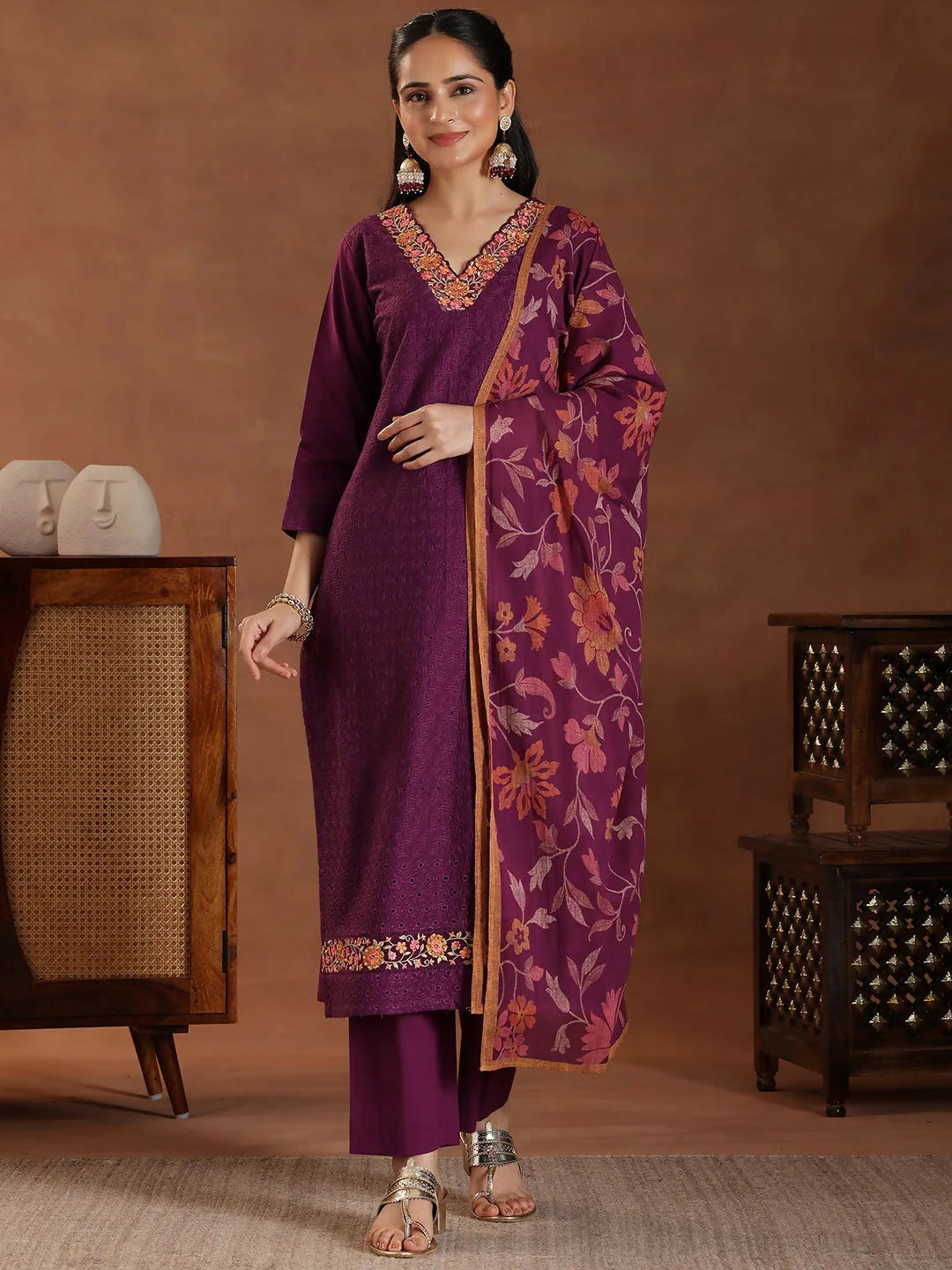 Women's LB Wine Embroidered Cotton Straight Suit With Dupatta