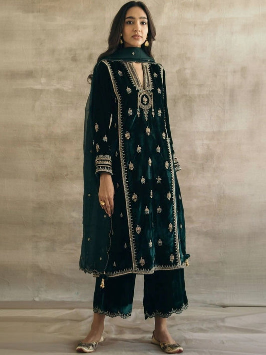 Dhiyona KL Women Ethnic Motifs Embroidered Regular Velvet Kurta with Palazzos & With Dupatta
