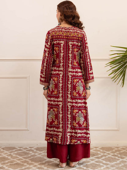 Floral Printed V-Neck Straight Kurta & Trousers