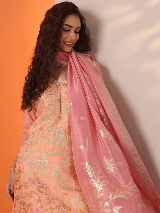 Ethnic Motifs Printed Notch Neck Thread Work Straight Kurta With Trousers & Dupatta