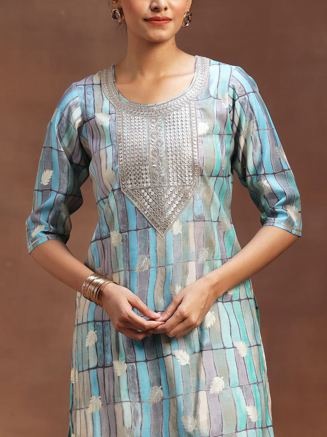 Geometric Printed Sequinned Straight Kurta With Sharara & Dupatta