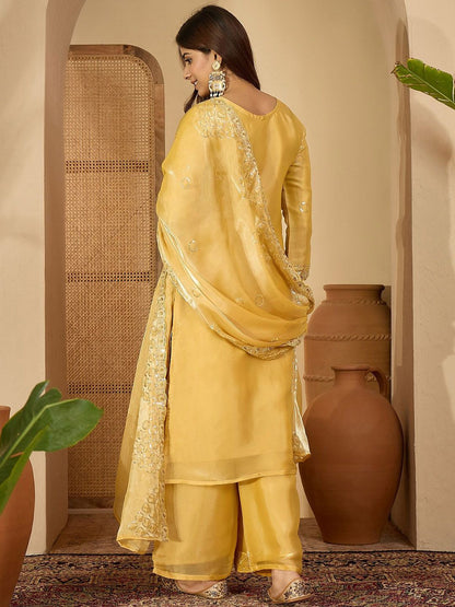 Dhiyona SN Floral Embroidered Sequinned Jimmy Choo Straight Kurta With Palazzo & Dupatta