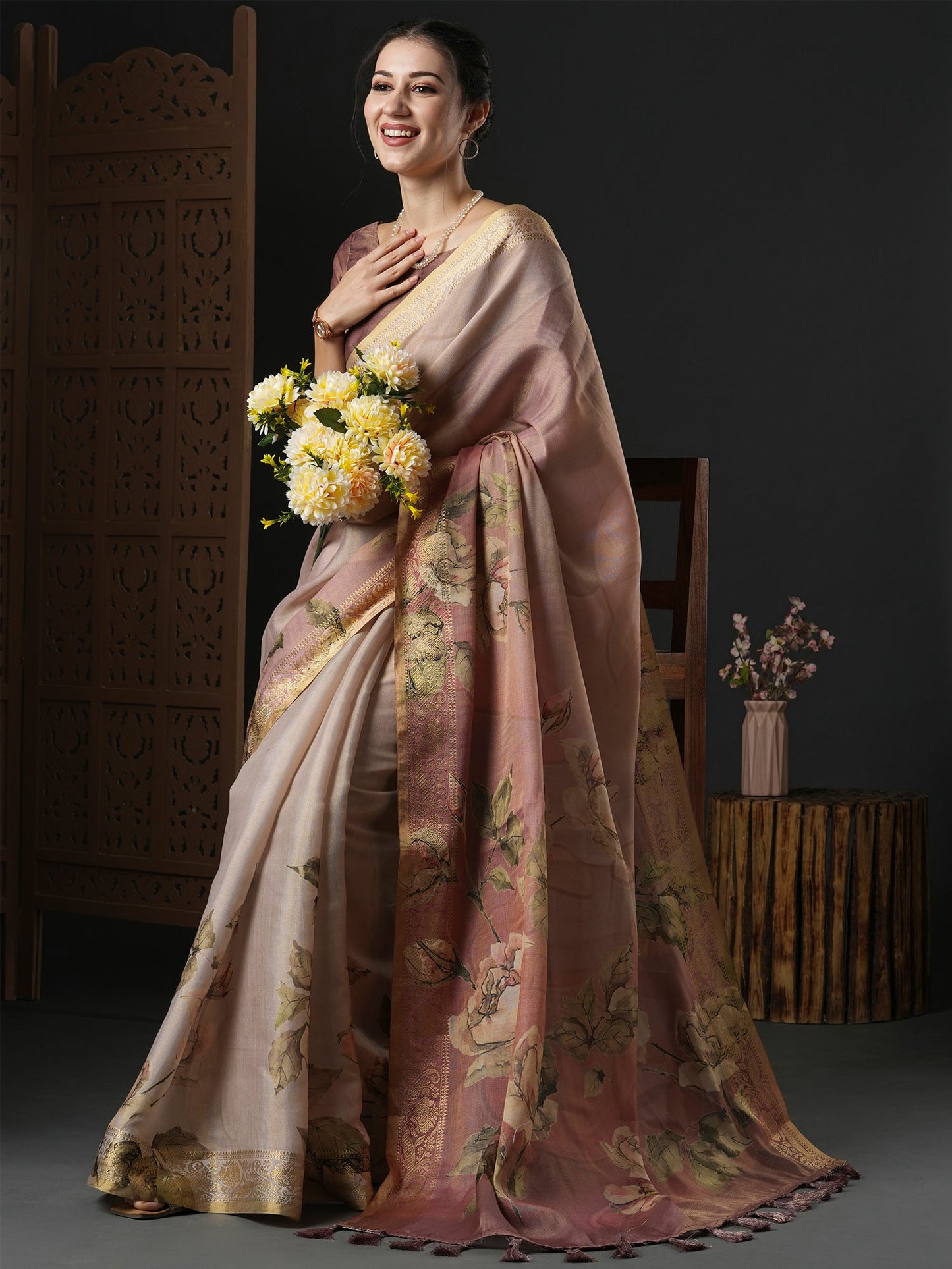 Women's Kanjeevaram Silk Brown Printed Designer Saree With Blouse Piece