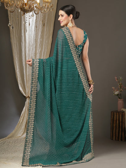 Women's Georgette Teal blue Zari Embroidered Designer Saree With Blouse Piece
