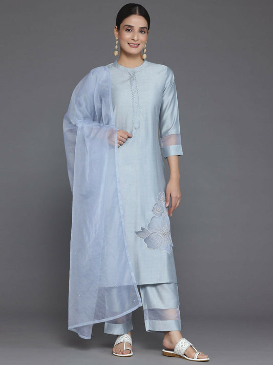 Women's LB Grey Solid Silk Blend Straight Suit With Dupatta