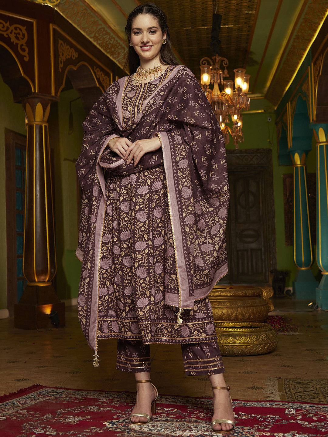 Dhiyona SN Floral Floral Printed Pure Cotton Anarkali Kurta With Trousers And Dupatta