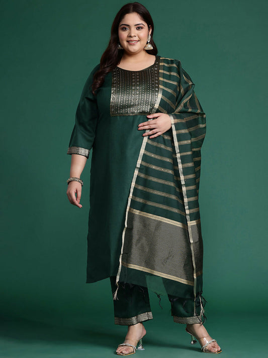 Women's Plus Size Green Yoke Design Straight Kurta Trousers With Dupatta Set