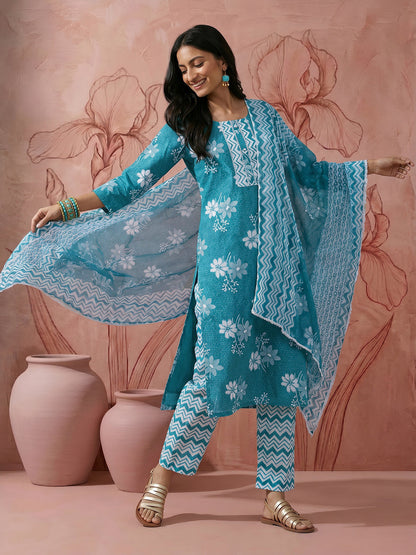 Floral Printed Regular Pure Cotton Kurta with Trousers & Dupatta