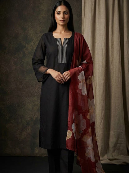 Round Neck Kurta & Trousers With Dupatta