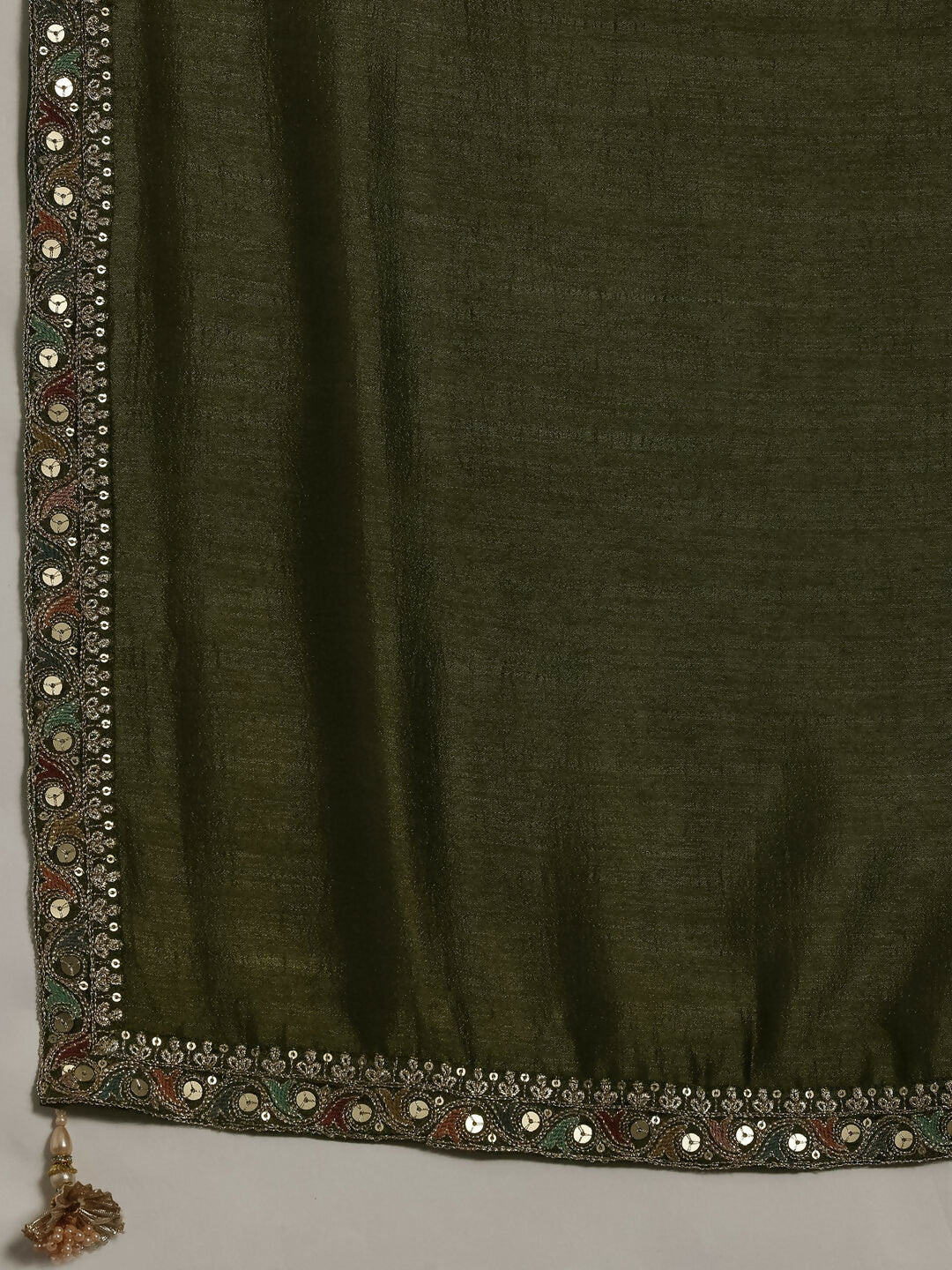 Women's LB Adaa Olive Embroidered Silk Blend Straight Kurta With Palazzos & Dupatta