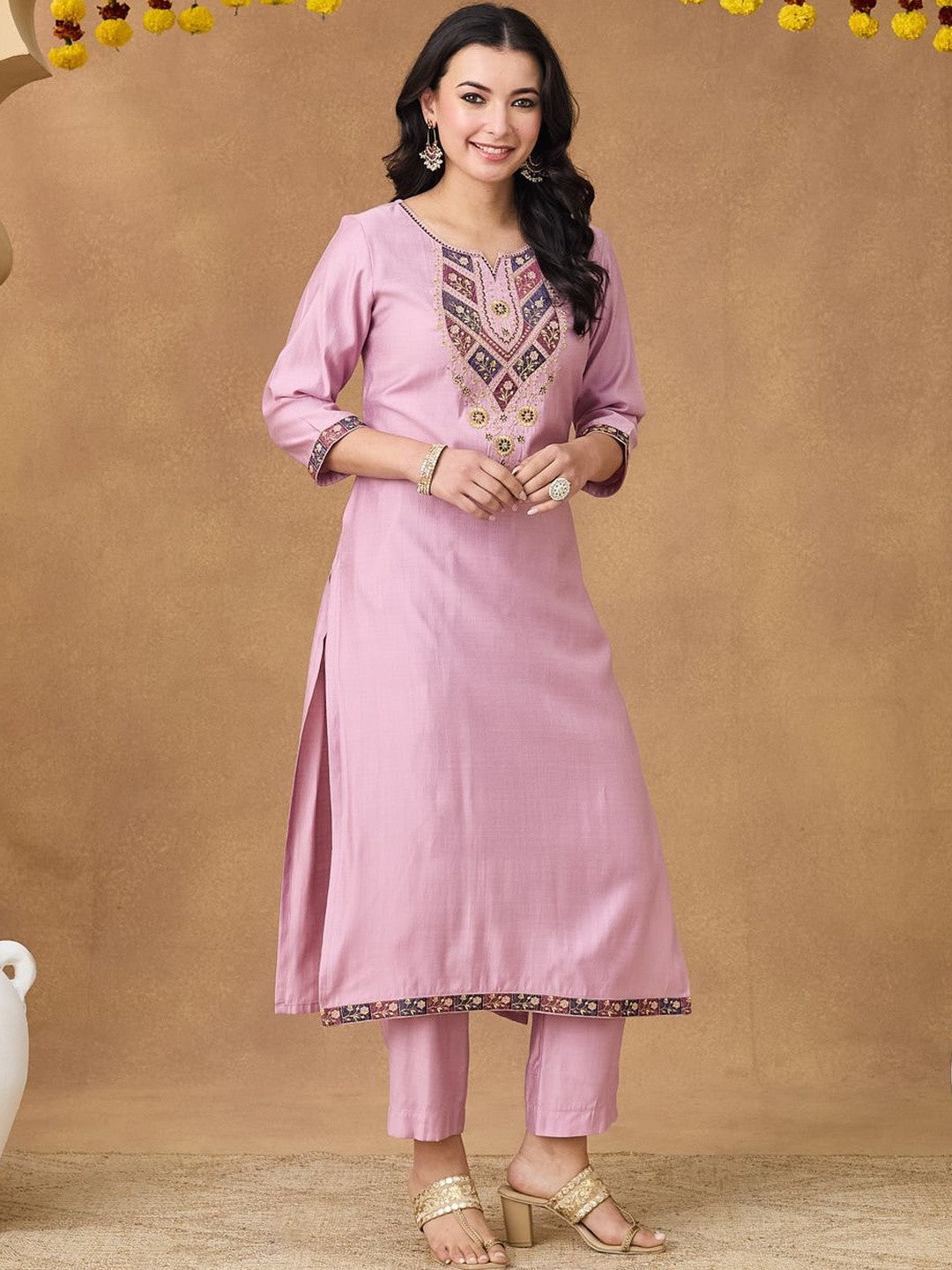 Embroidered Round Neck Kurta & Trousers With Dupatta