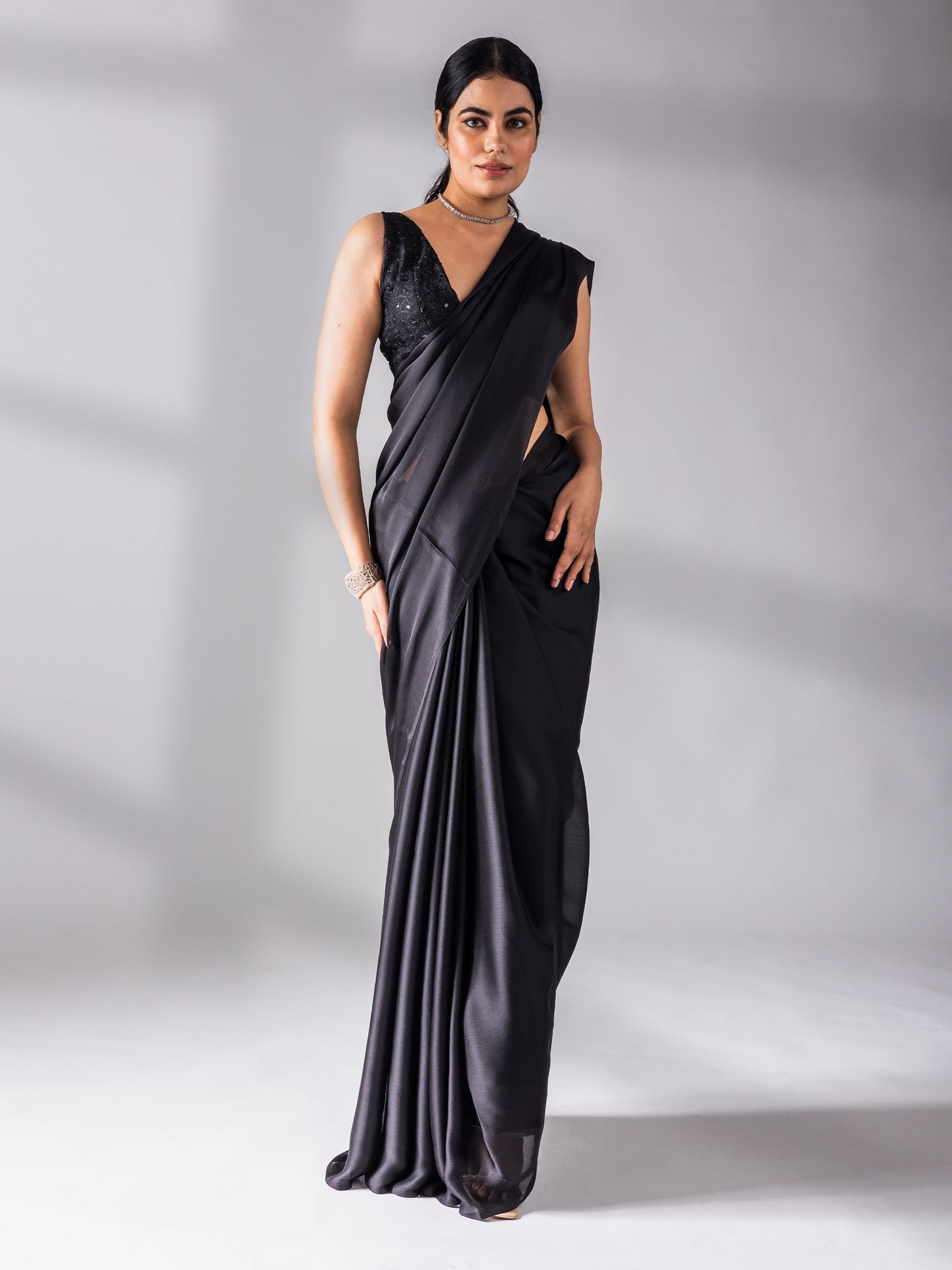 Dhiyona ST Black Chiffon Saree with Embroidered Blouse Fabric