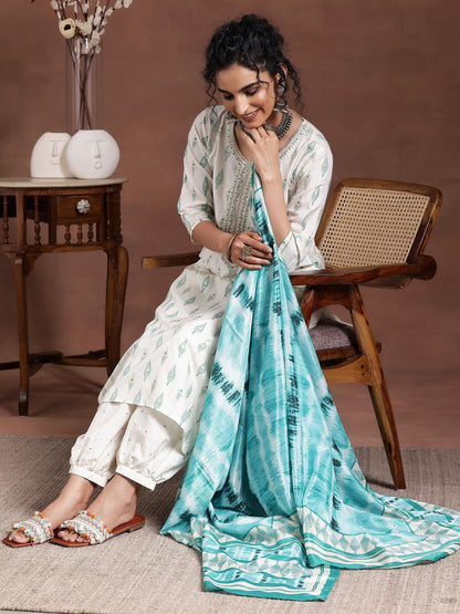 Women Ethnic Motifs Printed Regular Thread Work Kurta with Pyjamas & With Dupatta