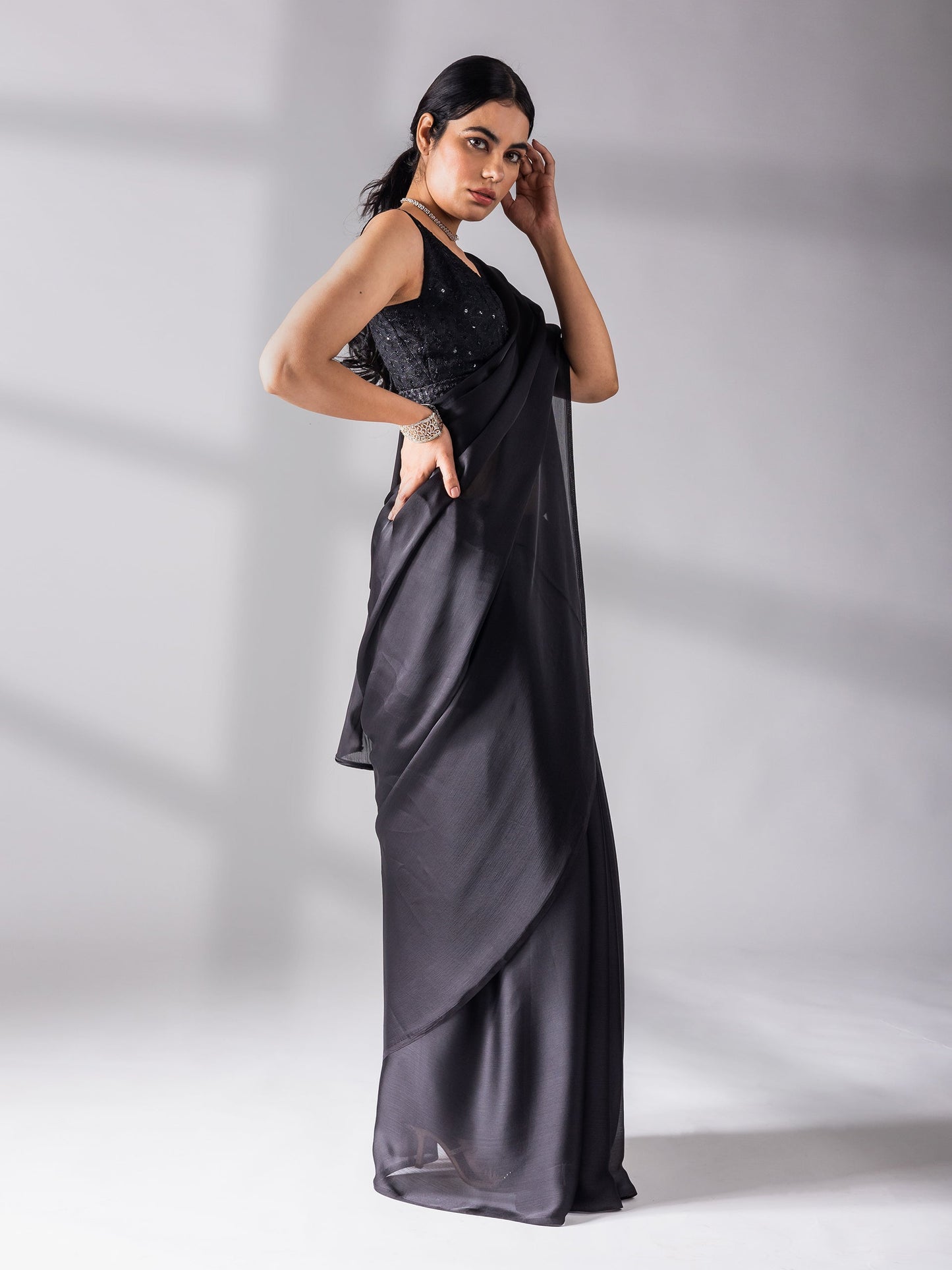 Dhiyona ST Black Chiffon Saree with Embroidered Blouse Fabric