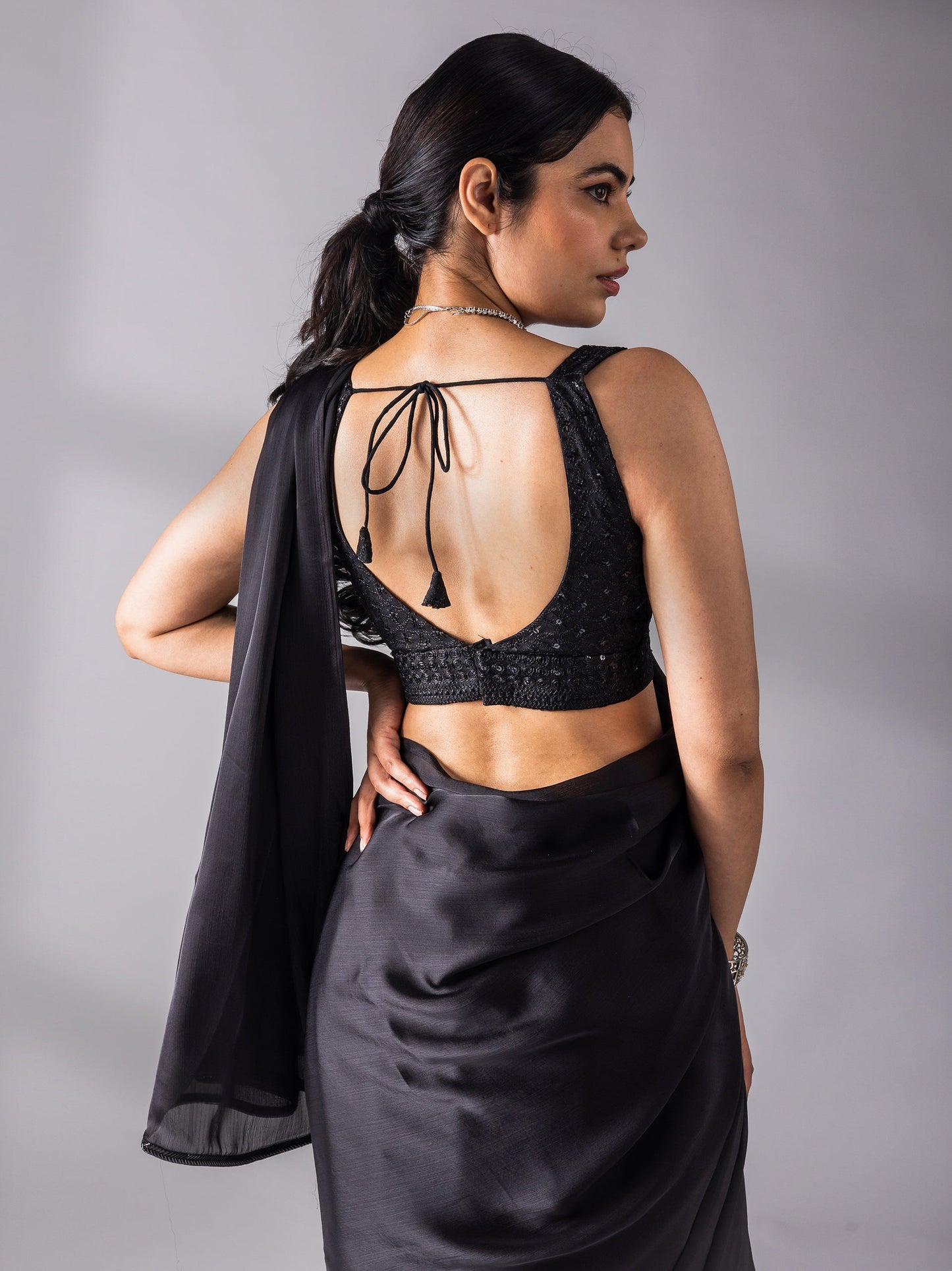 Dhiyona ST Black Chiffon Saree with Embroidered Blouse Fabric