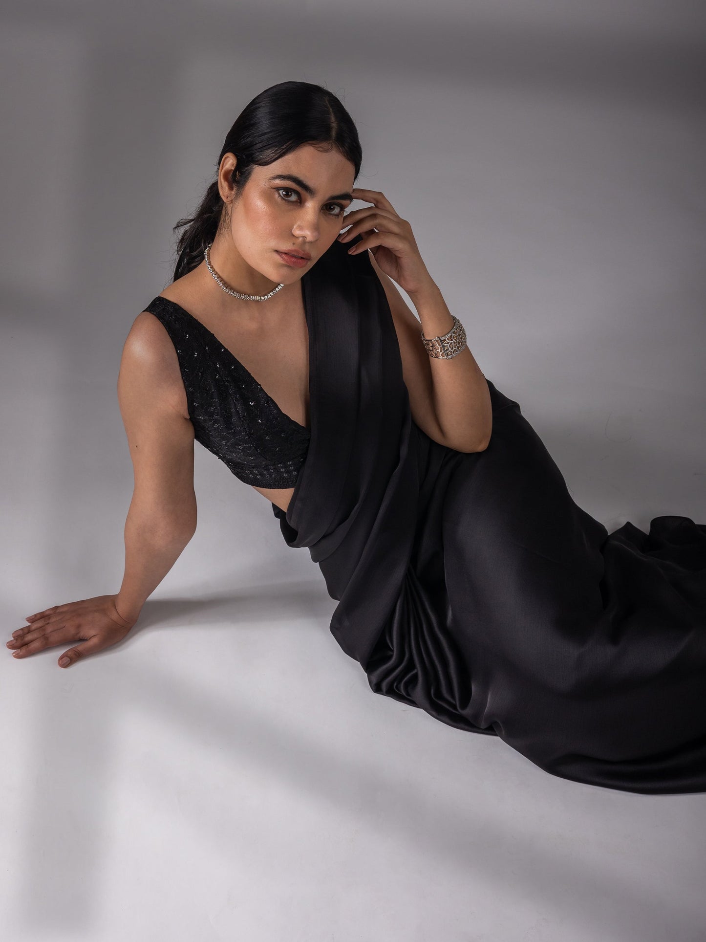 Dhiyona ST Black Chiffon Saree with Embroidered Blouse Fabric
