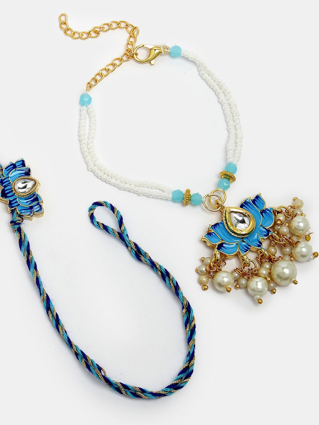 Dhiyona Unisex Set Of 2 Blue Lotus Shape Kundan-Studded & Beaded Wraparound Rakhi Set