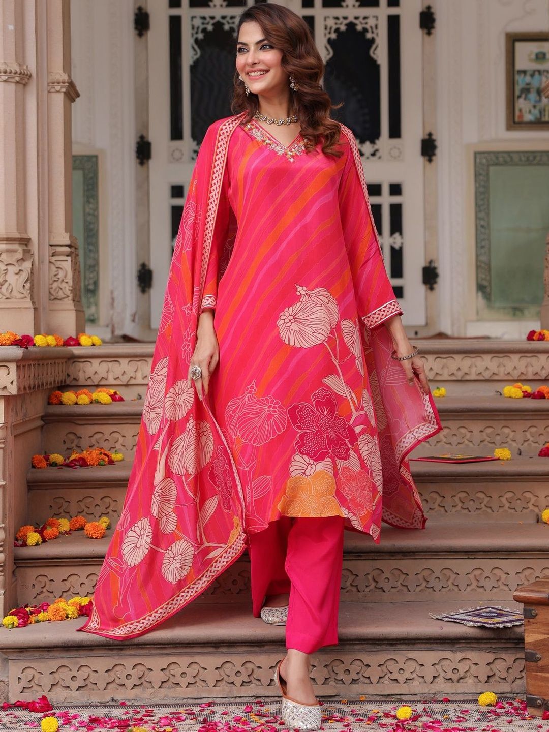 Dhiyona RR Women's Floral Printed Regular Pure Cotton Kurta with Trousers & With Dupatta