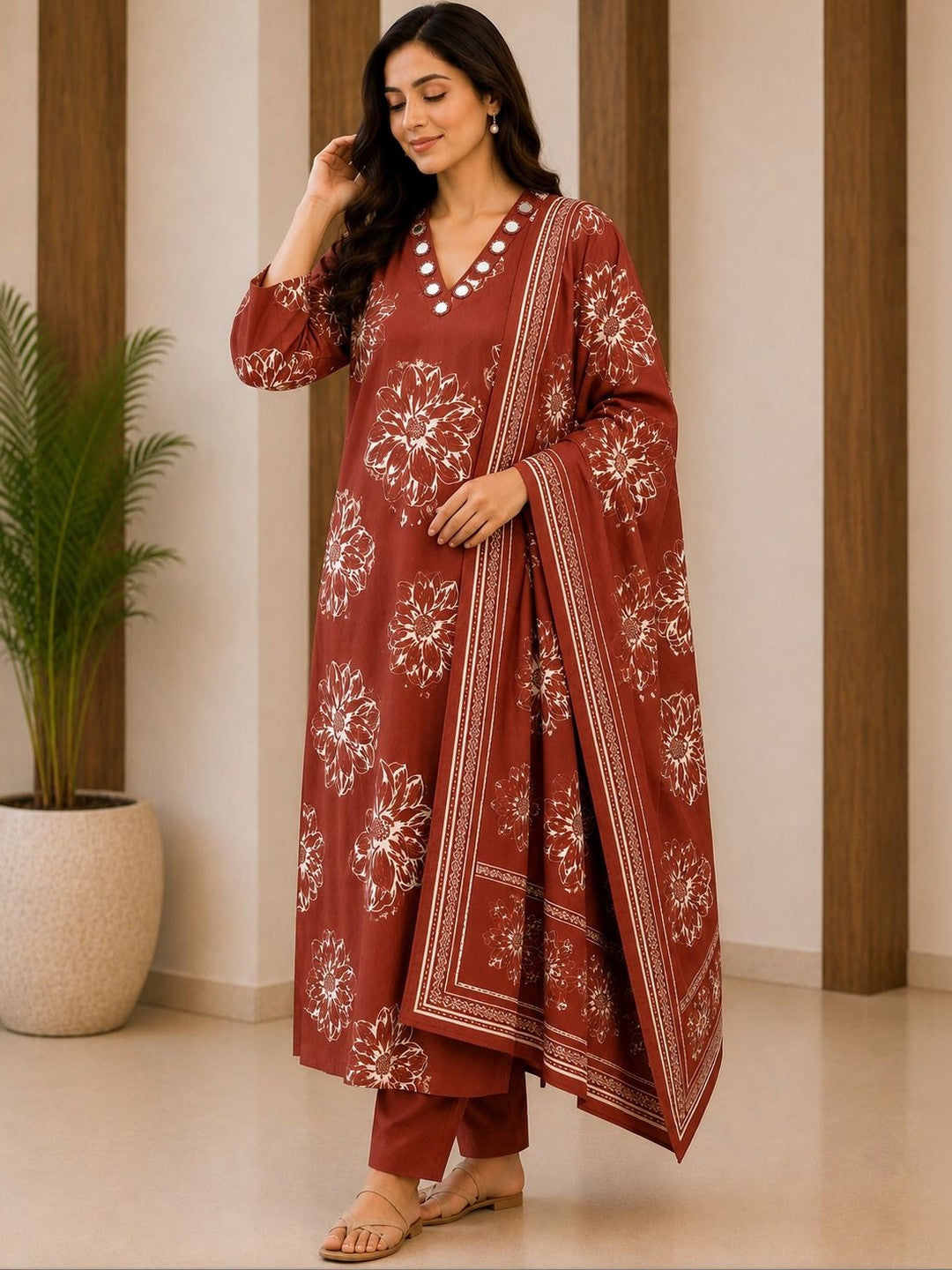 Women Floral Printed Regular Mirror Work Pure Cotton Kurta with Trousers & With Dupatta