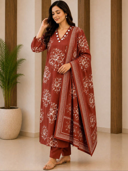 Women Floral Printed Regular Mirror Work Pure Cotton Kurta with Trousers & With Dupatta