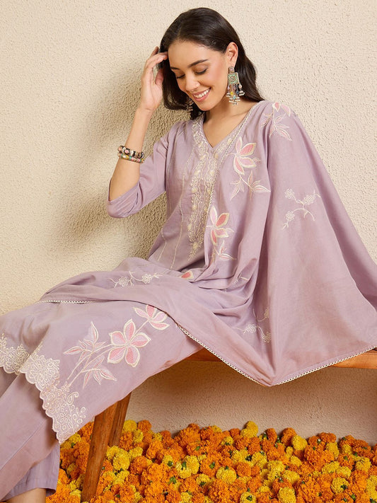 Women Floral Embroidered Regular Thread Work Pure Cotton Kurta with Trousers & With Dupatta