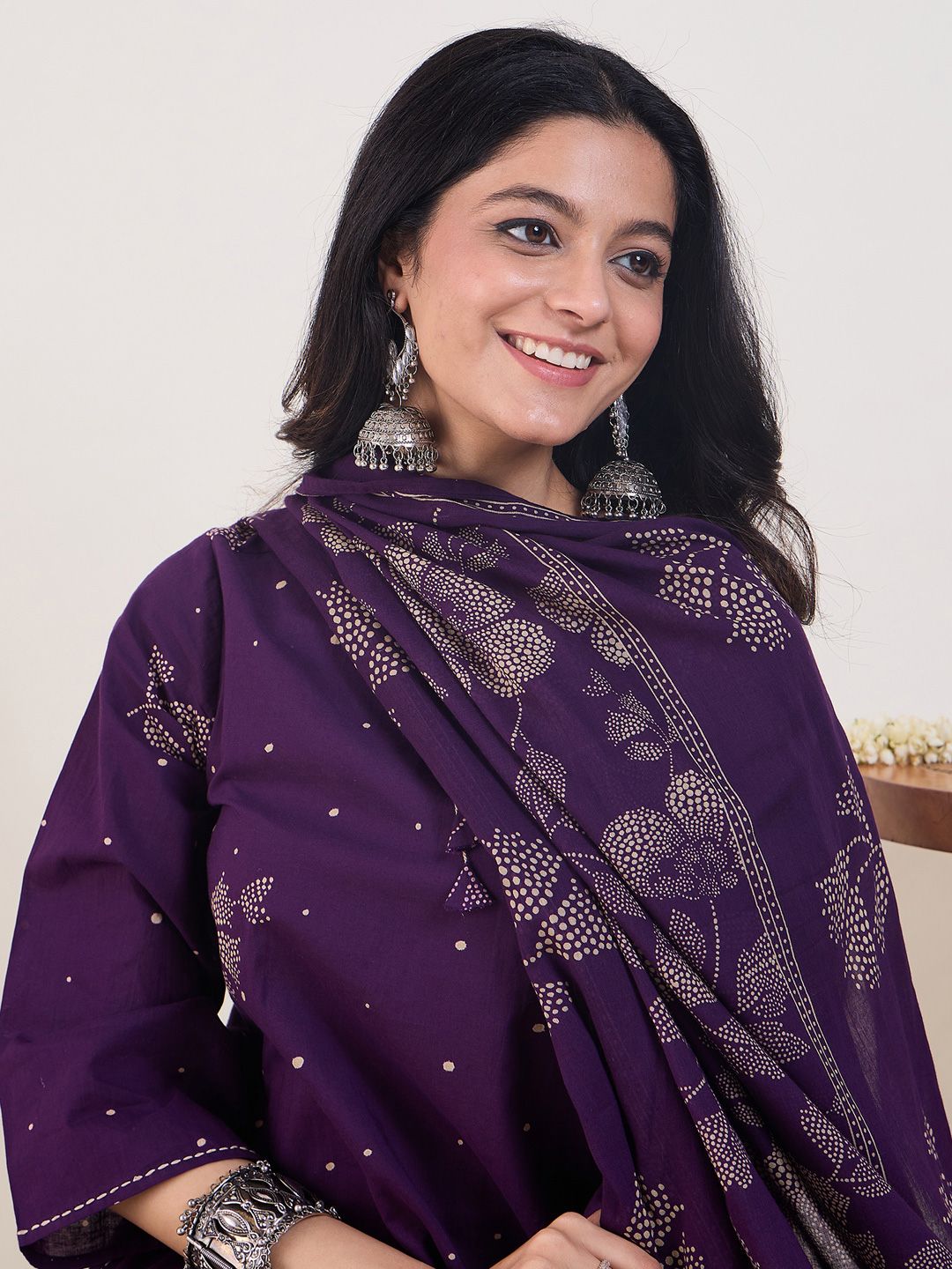 Dhiyona IE Ethnic Motifs Printed V-Neck Pure Cotton Anarkali Kurta With Trousers & Dupatta