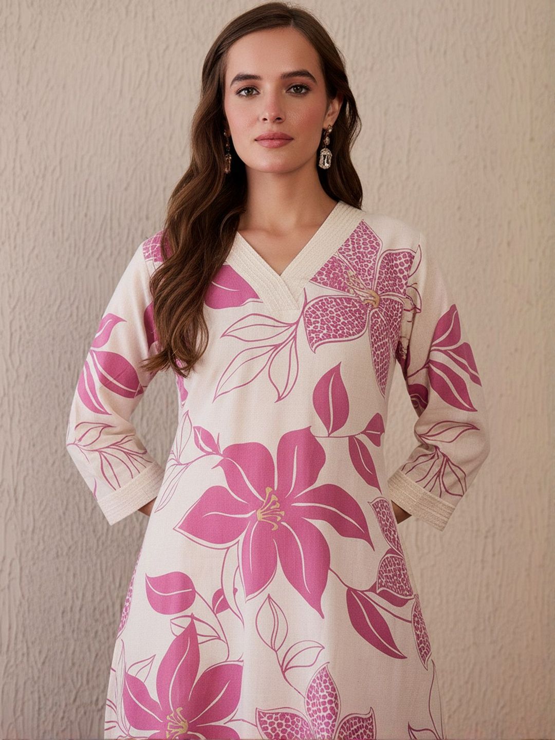 Dhiyona IE Floral Printed V-Neck Pure Cotton A-Line Kurta With Trousers