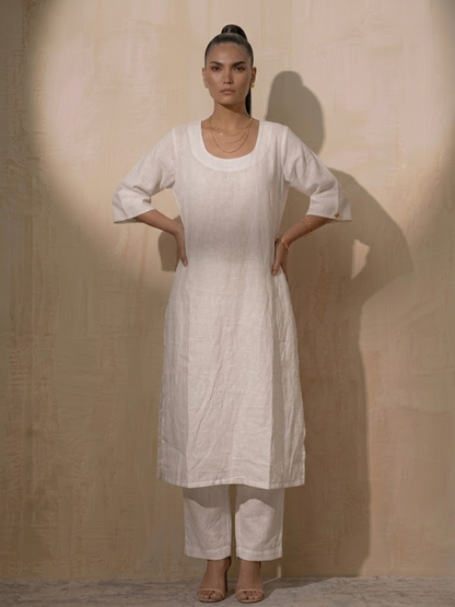 Dhiyona ST Swtantra White Linen Round Neck Elbow Sleeve Kurta with Pants