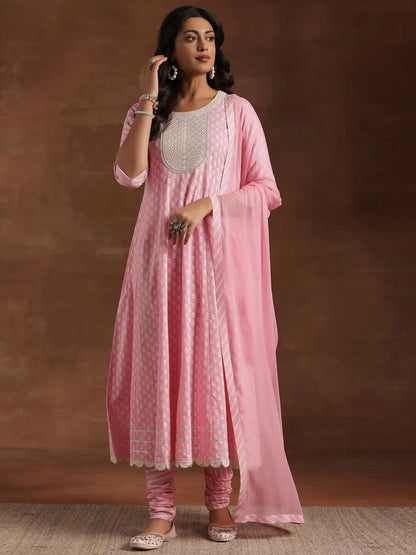 Women's LB Pink Printed Cotton A-Line Kurta With Churidar & Dupatta