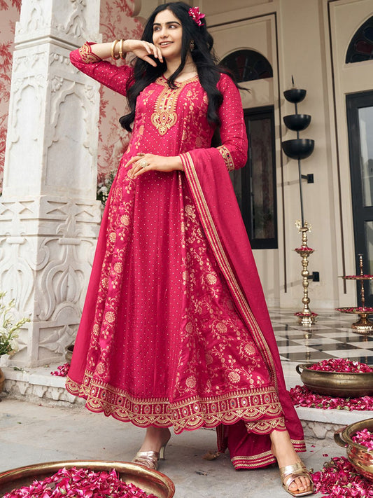 Dhiyona CH Ethnic Motifs Embroidered Round Neck Anarkali Kurta With Trousers & Dupatta