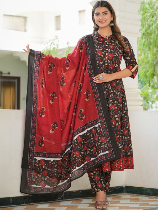 Dhiyona KL Women Floral Printed Regular Pure Cotton Kurta with Trousers & With Dupatta