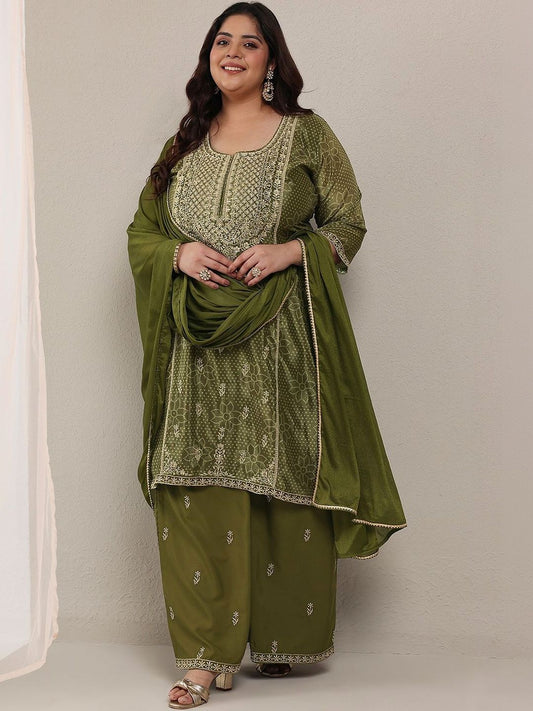 Dhiyona Women's Plus Size Ethnic Motifs Printed Kurta with Palazzos & With Dupatta