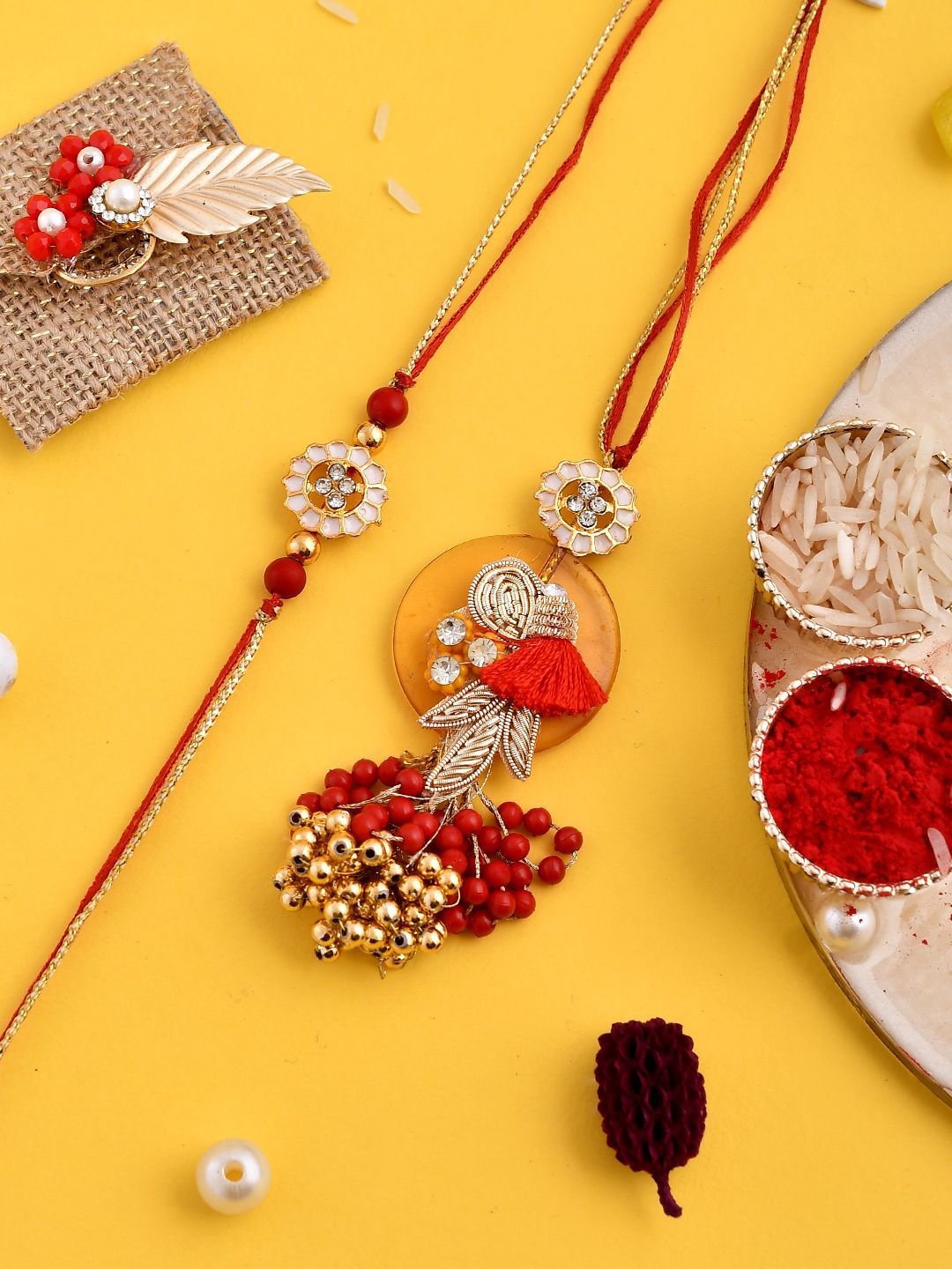 Dhiyona Orange Beaded Bhaiya Bhabhi Rakhi With Roli Chawal & Greeting Card