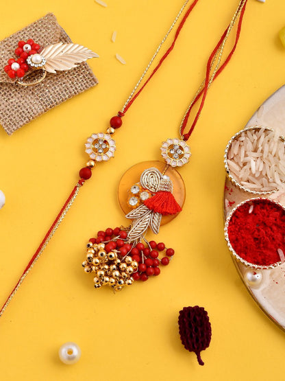 Dhiyona Orange Beaded Bhaiya Bhabhi Rakhi With Roli Chawal & Greeting Card
