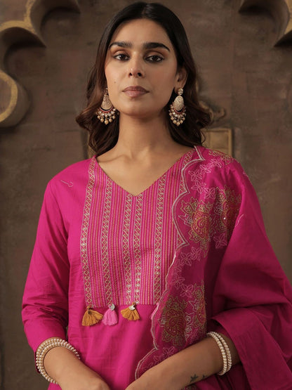 Ethnic Motifs Embroidered Thread Work Pure Cotton Kurta With Trousers & Dupatta