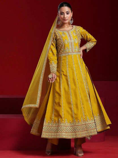 Women's LB Art Mustard Embroidered Silk Blend A-Line Kurta With Sharara & Dupatta