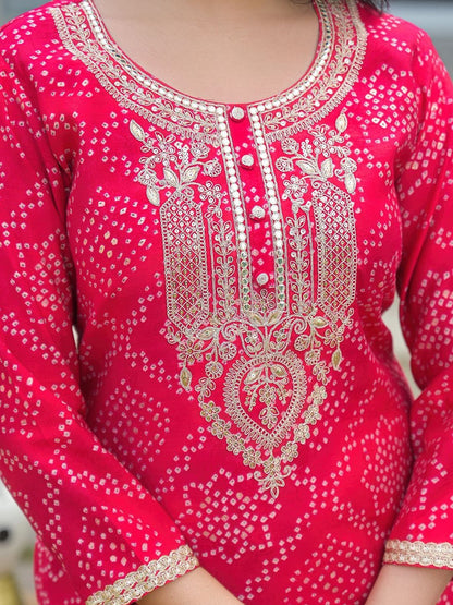 Dhiyona KL Women Bandhani Printed Regular Mirror Work Kurta with Trousers & With Dupatta