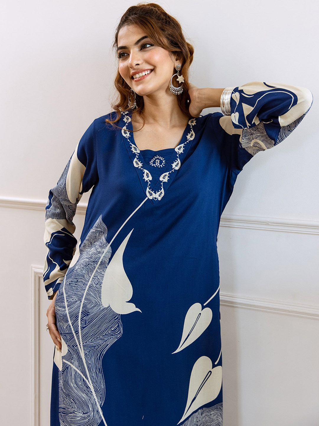 Floral Printed V-Neck Beads and Stones Straight Kurta With Palazzos