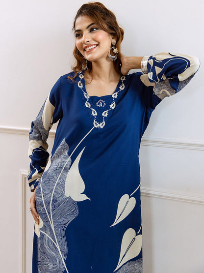 Floral Printed V-Neck Beads and Stones Straight Kurta With Palazzos