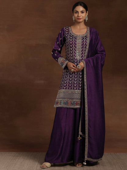 Women's LB Adaa Purple Embroidered Silk Blend Straight Kurta With Palazzos & Dupatta