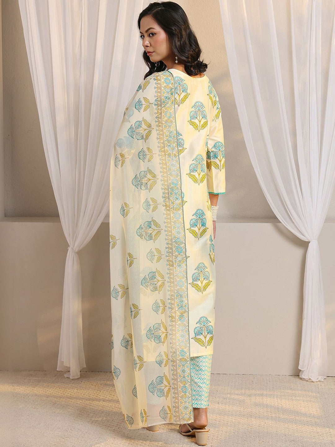 Off White Floral Printed Chanderi Silk Straight Suit Set with Dupatta