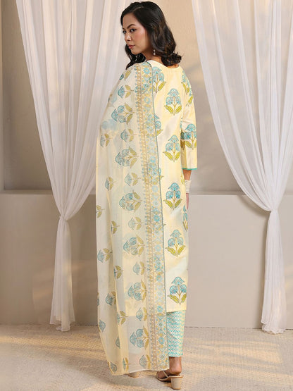 Off White Floral Printed Chanderi Silk Straight Suit Set with Dupatta