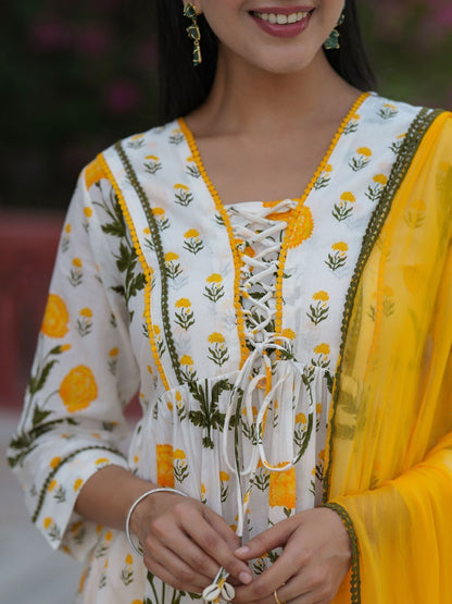 Dhiyona RR Women's Floral Printed Regular Pure Cotton Kurta & Trousers With Dupatta