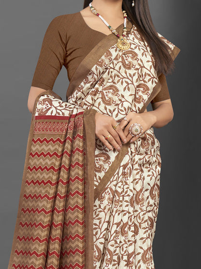 Women's Bhagalpuri Silk Off White Printed Designer Saree With Blouse Piece