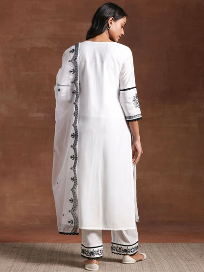 Women's LB White Embroidered Silk Blend Straight Suit With Dupatta