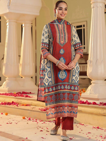 Dhiyona RR Women's Floral Printed Mandarin Collar Muslin Kurta With Trousers & Dupatta