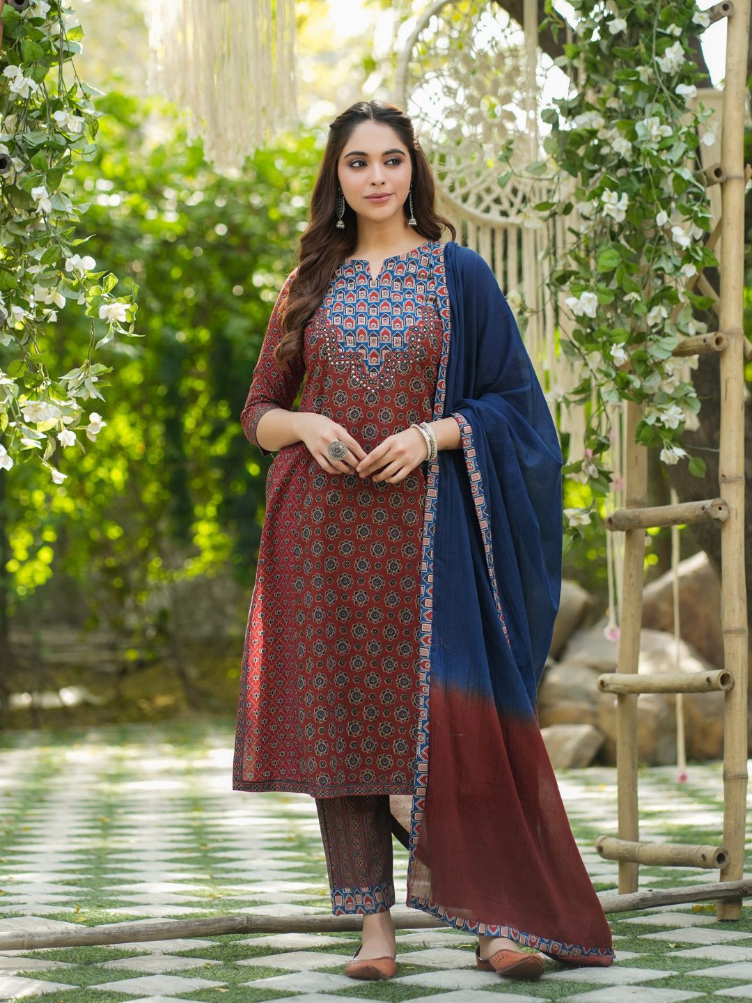 Dhiyona RR Women's Ethnic Motifs Printed Sequinned Pure Cotton Kurta with Trousers & Dupatta
