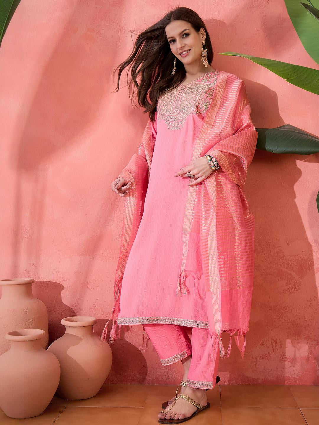 Women Peach Silk Blend Embroidered Kurta Sets